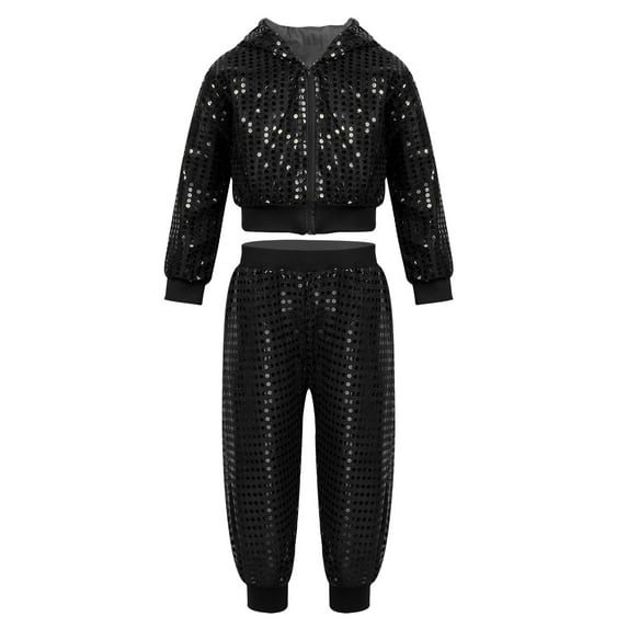 Eandarui Kids Boys Girls 2PCS Shiny Sequins Hip-hop Jazz Street Dance Outfit Long Sleeves Hooded Top Black 100