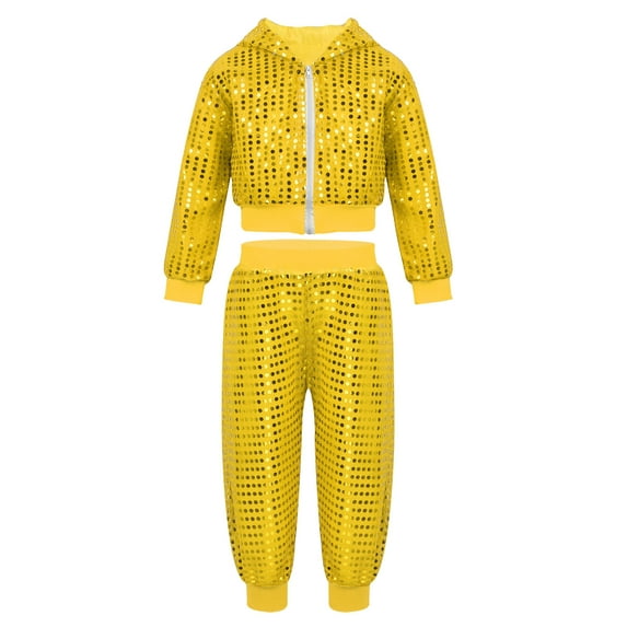 Eandarui Kids Boys Girls 2PCS Shiny Sequins Hip-hop Jazz Street Dance Outfit Long Sleeves Hooded Top Yellow 150