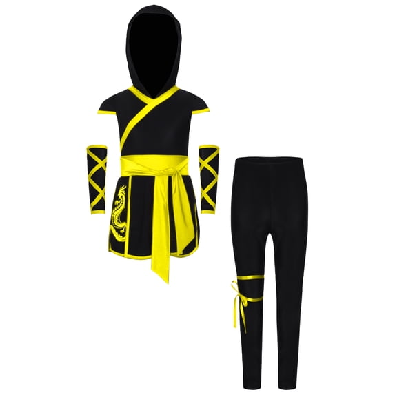 Eandarui Kids Boys Girls Ninja-style Costumes Sleeveless Hooded Top and Pants Set for Theme Party Cosplay Yellow 12