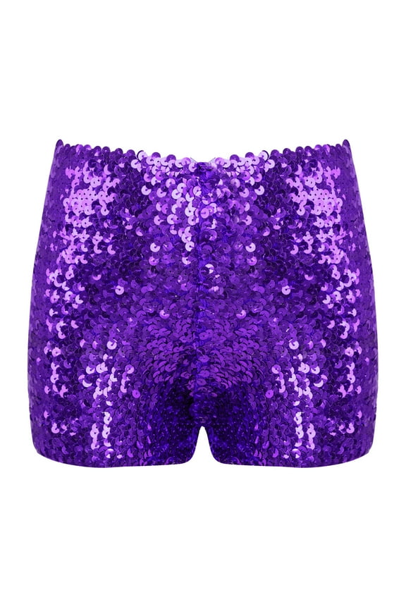 Kids Boys Girls Sparkle Sequins Dance Shorts High Waist Gymnastic Jazzz Hip Hop Dance Purple 145-160/16
