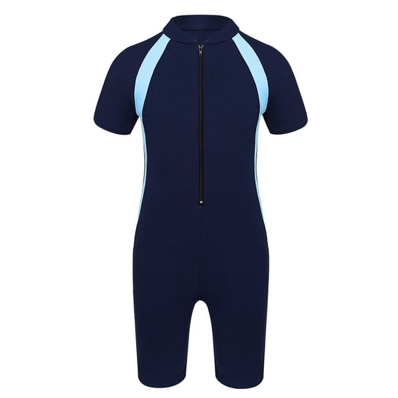 Eandarui Kids Boys' One Piece Front Zipper Short Sleeve Rash Guard Swimsuit Sports Bathing Suits Navy Blue 8-10