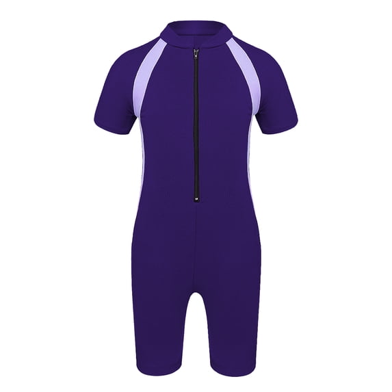 Eandarui Kids Boys' One Piece Front Zipper Short Sleeve Rash Guard Swimsuit Sports Bathing Suits Purple 10-12