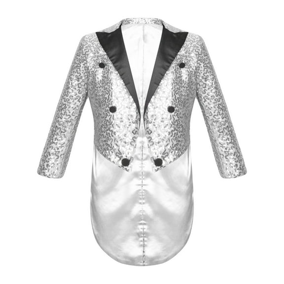 Eandarui Kids Boys Sequined Blazer Tailcoat Party Wedding Tuxedo Jacket Swallowtail Suit Cosplay Silver 6