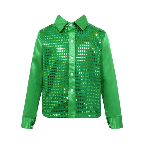 Eandarui Kids Boys Sequins Long Sleeves Hip-hop Jazz Dance Shirt Stage Performance Costumes Disco Green 130