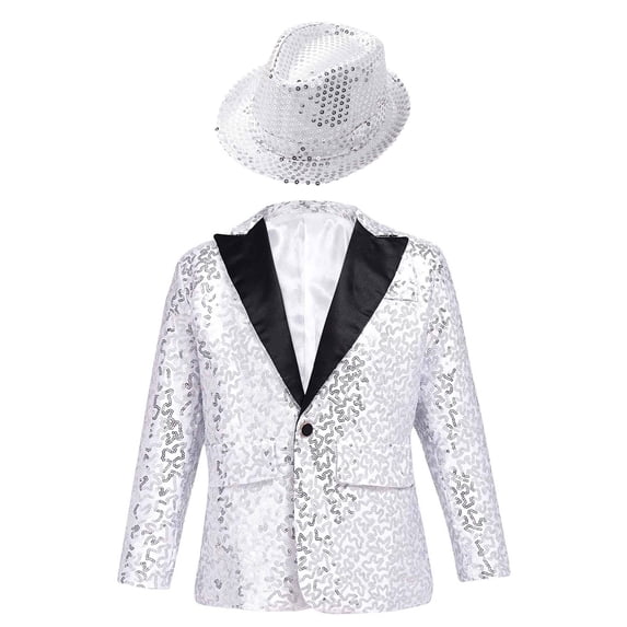 Eandarui Kids Boys Shiny Sequins Blazer with Fedora Hat Wedding Party Formal Tuxedo Suit Banquet Prom Silver 16