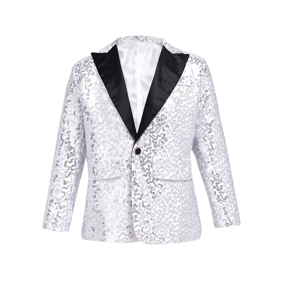 Eandarui Kids Boys Shiny Sequins Lapel Jacket Coat Tuxedo Blazer Jacket for Wedding Banquet Birthday Silver 16