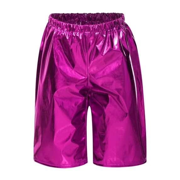 Eandarui Kids Disco Knee Length Shorts Sparkle Dance Booty Shorts Girls Boys Shiny Metallic Short Hot Pink 130
