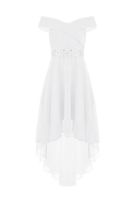 Kids Flower Girl Chiffon Dress Off Shoulder High Low Hem Wedding Bridesmaid Dress Formal White 14