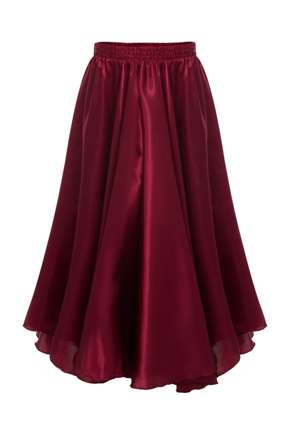 Kids Girl Long Full Circle Ballroom Dance Skirt Flamenco Cha Cha Latin Dancewear Long Maxi Skirt Burgundy 110