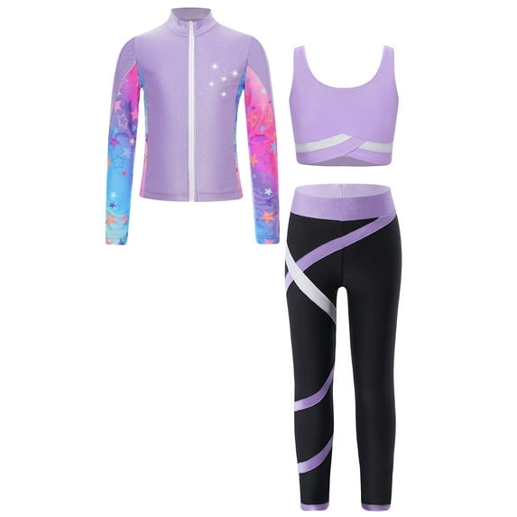 Eandarui Kids Girls 3 Pieces Tracksuit Activewear Set Figure Skating Jacket Skating Pants Leggings Set Light Purple 8