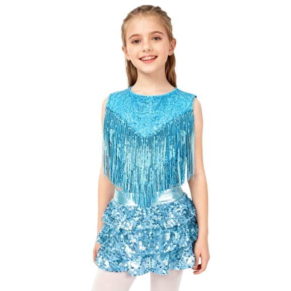 Eandarui Kids Girls 80s 90s Disco Dance Outfits Sequins Sleeveless Tassel Crop Top with Tiered Ruffle Skirted Shorts Blue 8
