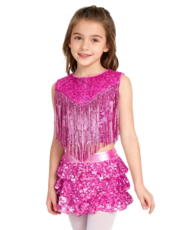 Kids Girls 80s 90s Disco Dance Outfits Sequins Sleeveless Tassel Crop Top with Tiered Ruffle Skirted Shorts Hot Pink 6