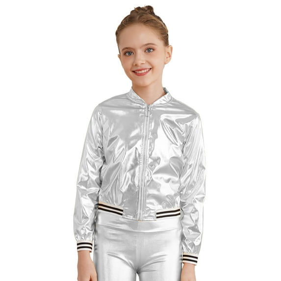Eandarui Kids Girls Boys Jazz Dance Disco Costume Zip Up Metallic Bomber Jacket Coat Long Sleeve Top Silver 6