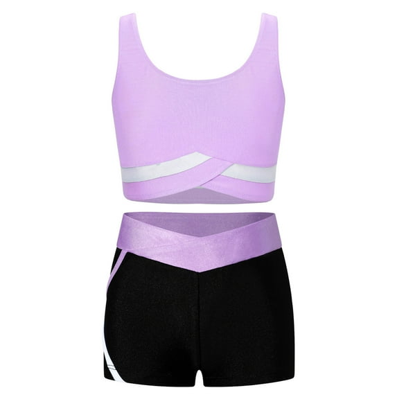 Eandarui Kids Girls Gymnastic Ballet Dance Outfits Sleeveless Crop Tops and Booty Shorts Tracksuits Light Purple 16