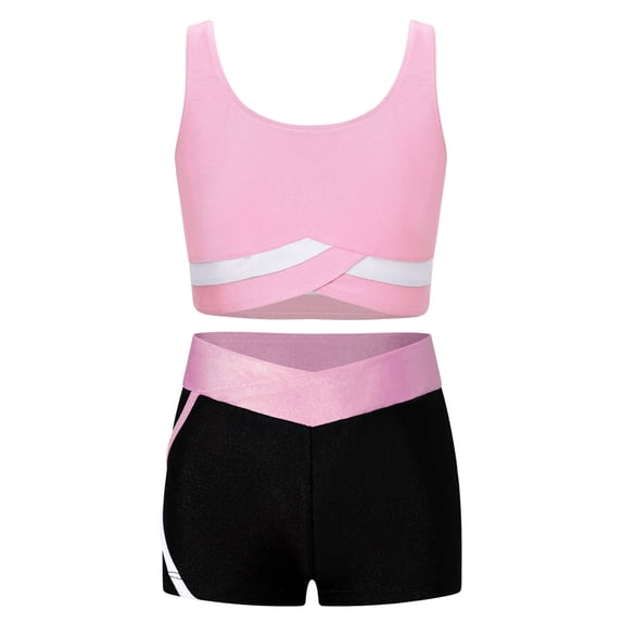 Eandarui Kids Girls Gymnastic Ballet Dance Outfits Sleeveless Crop Tops and Booty Shorts Tracksuits Pink 12