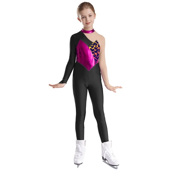 Eandarui Kids Girls Gymnastic Yoga Workout Leotard Jumpsuit Metallic Patchwork Figure Ice Skating Hot Pink 12