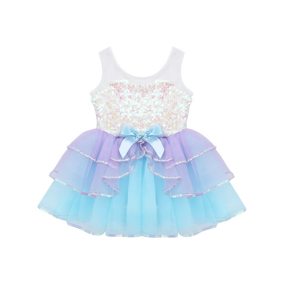 Eandarui Kids Girls Gymnastics Leotard Dress Sequin Shiny Ballet Ruffled Tulle Skirts Princess Party Light Blue 3T