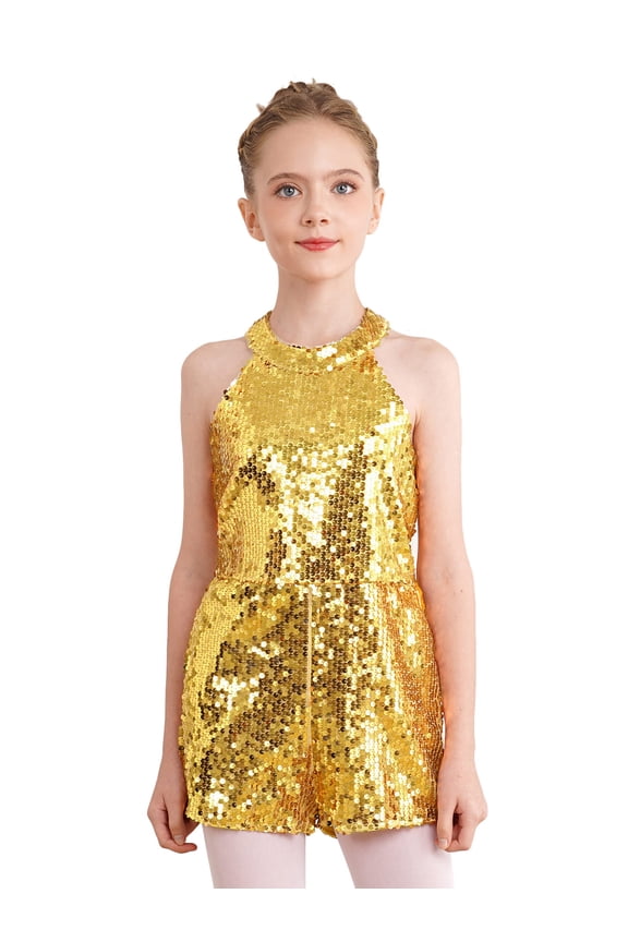 Kids Girls Latin Jazz Dance Costume Shiny Sequin Halter Romper Sleeveless Backless Jumpsuit Gold 6
