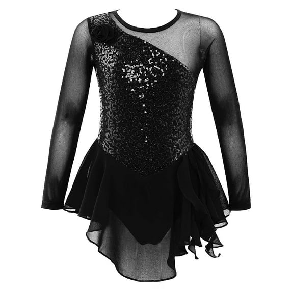 Eandarui Kids Girls Long Sleeve Sequin Mesh Ice Skating Dress Ballet Lyrical Dance Dress Gymnastic Black 4