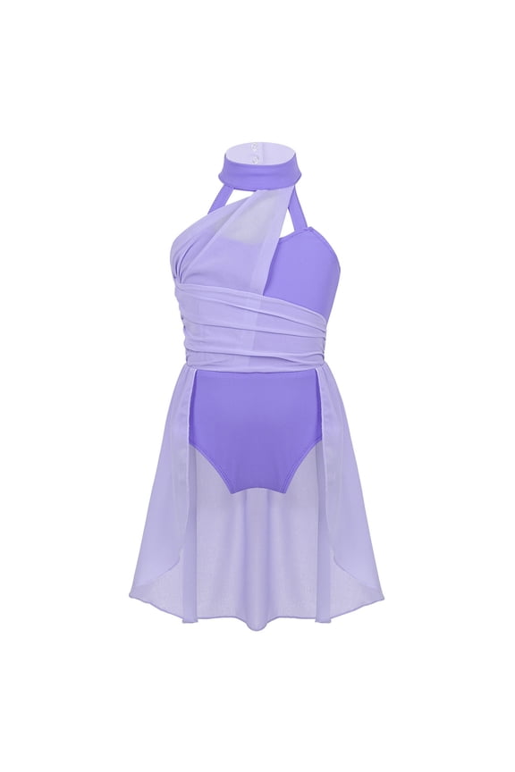 Kids Girls Lyrical Contemporary Dance Costume Dress Ballet Dance Dress Mesh Color Block Lavender 10