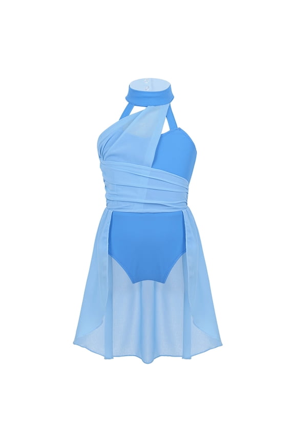 Kids Girls Lyrical Contemporary Dance Costume Dress Ballet Dance Dress Mesh Color Block Light Blue 12