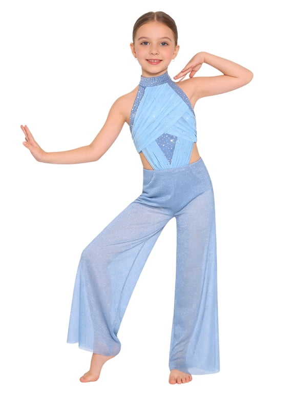 Kids Girls Lyrical Dance Outfit Wide Leg Jumpsuit Sparkly Rhinestone Jazz Ballet Gymnastics Leotard Dress Blue 6