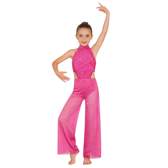 Eandarui Kids Girls Lyrical Dance Outfit Wide Leg Jumpsuit Sparkly Rhinestone Jazz Ballet Gymnastics Leotard Dress Hot Pink 16