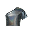 thumbnail image 1 of Eandarui Kids Girls One Shoulder Short Sleeve Dance Crop Top Shiny Sparkly Hip Hop Street Crop Black 150, 1 of 5