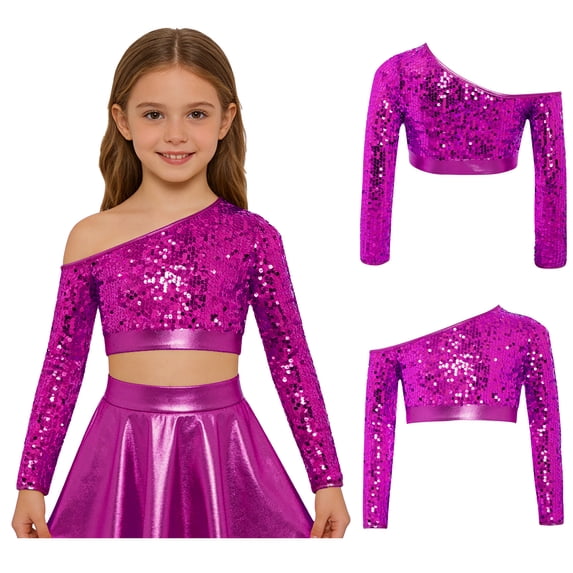Eandarui Kids Girls One-Shoulder Stage Show Dancing Outfits Sequins Modern Hip Hop Tank Vest Jazz Dance Crop Tops Hot Pink 16