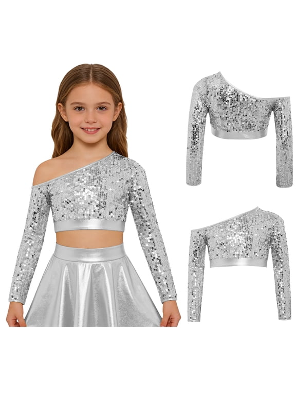 Kids Girls One-Shoulder Stage Show Dancing Outfits Sequins Modern Hip Hop Tank Vest Jazz Dance Crop Tops Silver 6