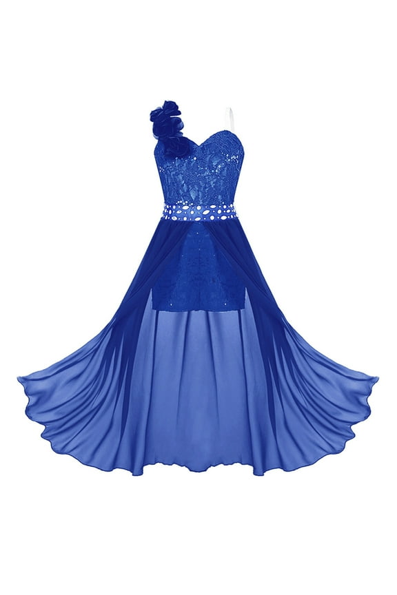 Kids Girls One Shoulder Wedding Flower Dress Sequin Lace Maxi Romper Evening Gown Dance Wear Royal Blue 10