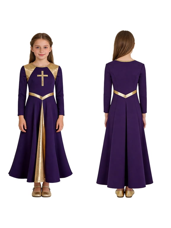 Kids Girls Praise Dance Dress Liturgical Worship Costume Long Sleeve Church Robe Chiffon Skirt Purple 10