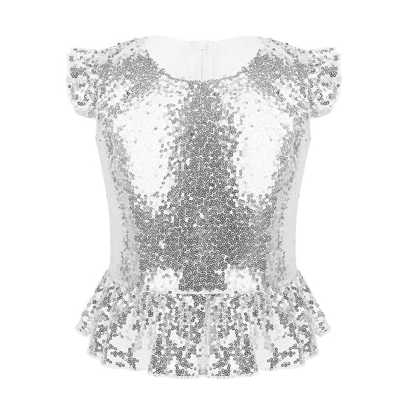 Eandarui Kids Girls Ruffled Sleeves Birthday Party Peplum Crop Tops Sequins Tee Shirt Silver 6