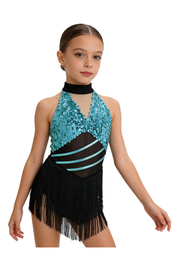 Kids Girls Samba Rumba Jazz Cha Cha Latin Dancewear Leotard Ballroom Tassel Dresses Light Blue 6