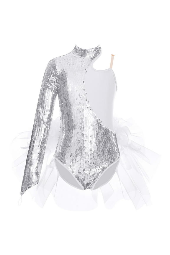Kids Girls Sequins Single Long Sleeve Oblique Shoulder Sequins Splice Mesh Dance Leotard Silver 6