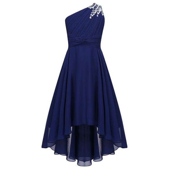 Eandarui Kids Girls Shiny Beaded One Shoulder Junior Bridesmaid Dresses Chiffon High Low Princess Navy Blue 10
