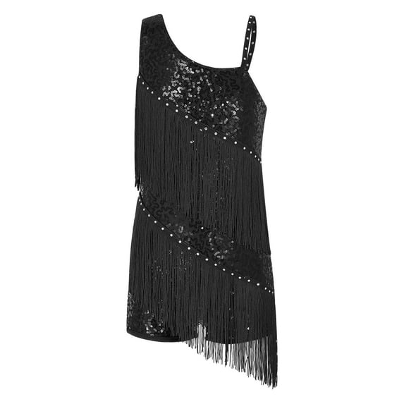 Eandarui Kids Girls Shiny Fringe Tassels Latin Ballet Skating Dress Straps Sequins Leotard Ballroom Dancewear Black 6