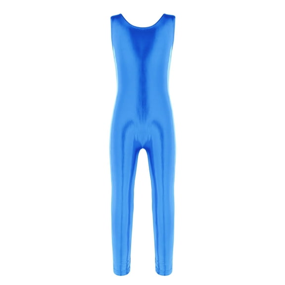 Eandarui Kids Girls Shiny Metallic Camisole Leotard Ballet Dance Workout Full Length Unitard Jumpsuit Light Blue 3XL