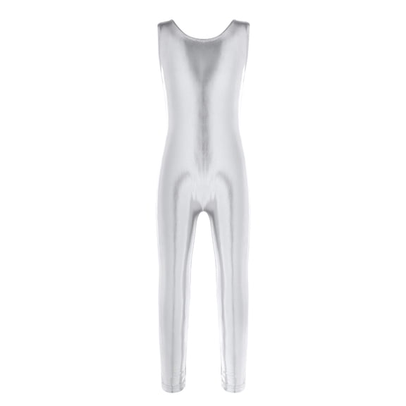 Eandarui Kids Girls Shiny Metallic Camisole Leotard Ballet Dance Workout Full Length Unitard Jumpsuit Silver M