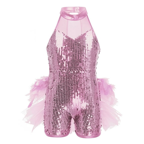 Eandarui Kids Girls Shiny Sequins Mock Neck Jazz Latin Ballet Dance Leotard Jumpsuit Dancewear Pink 12