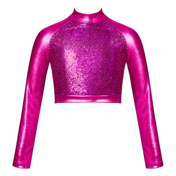 Eandarui Kids Girls Shiny Sequins Mock Neck Long Sleeve Tee Metallic Jazz Hip Hop Modern Dance Crop Hot Pink 10