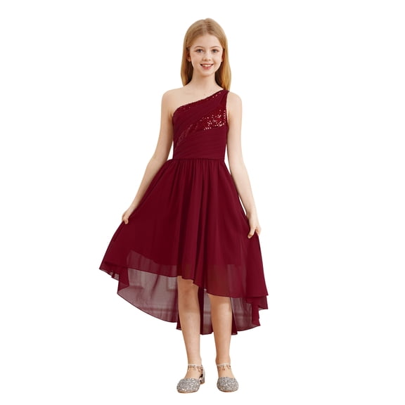Eandarui Kids Girls Shiny Sequins One Shoulder Party Gown Sleeveless Ruched Wedding Flower Girl Burgundy 6