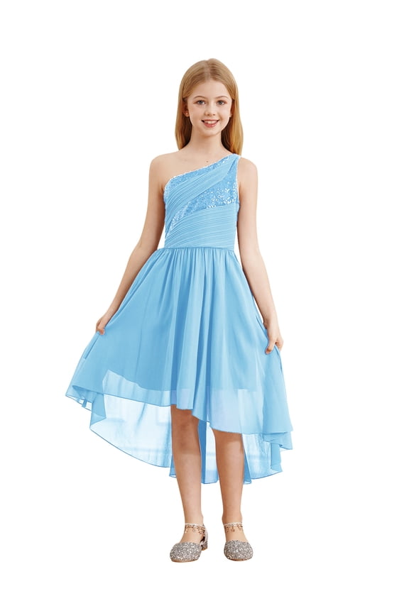 Kids Girls Shiny Sequins One Shoulder Party Gown Sleeveless Ruched Wedding Flower Girl Sky Blue 6
