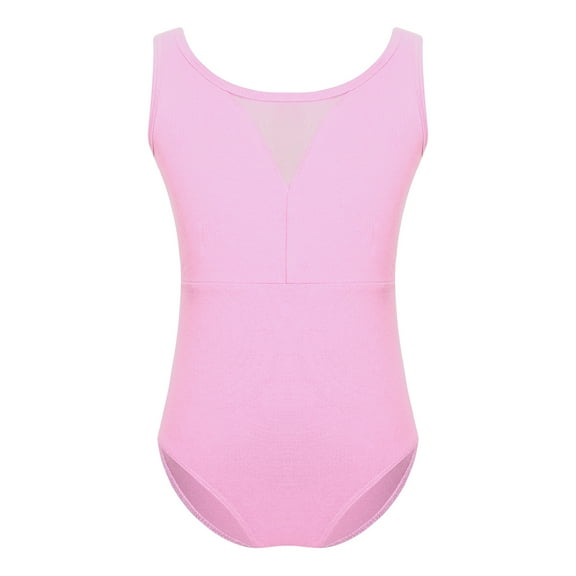Eandarui Kids Girls Sleeveless Crew Neck Sheer Mesh Patchwork V-Back Gymnastics Dance Leotard Sports Pink 110
