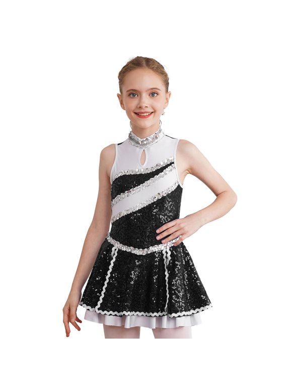 Kids Girls Sleeveless Glitter Sequins Cheerleading Uniform Cheer Leader Outfits Dance Dress Black 6