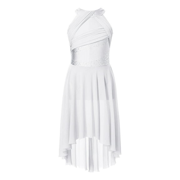 Eandarui Kids Girls Sleeveless Shiny Rhinestone Lyrical Ballet Leotard Dress Contemporary Modern Latin Dance Costume White 8