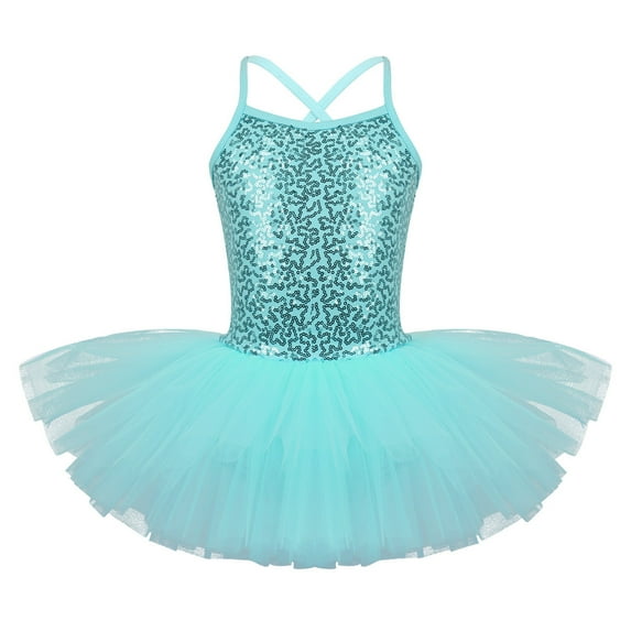 Eandarui Kids Girls Spaghetti Shoulder Straps Shiny Sequins Leotard Tutu Dress for Ballet Dance Turquoise S