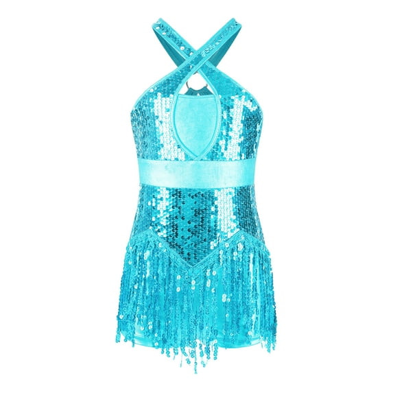 Eandarui Kids Girls Sparkle Sleeveless Sequin Tassel Dance Dress Leotard Skirted Latin Cha Cha Sky Blue 6