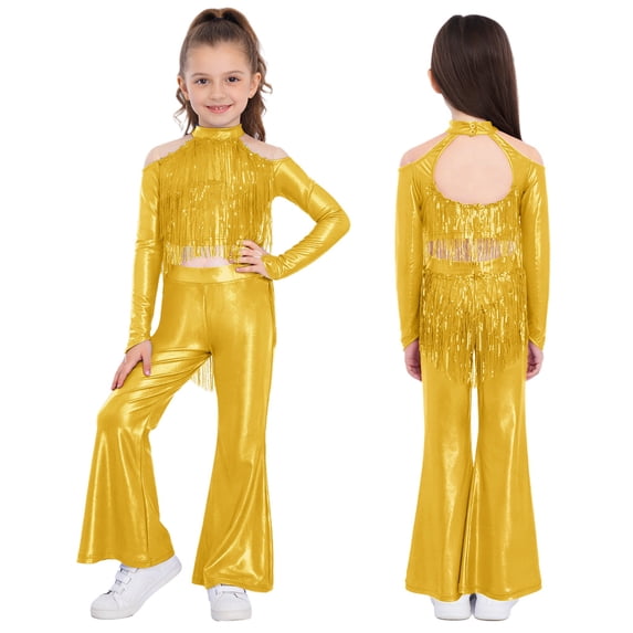 Eandarui Kids Girls Sparkly Rave Festival Set Disco Party Dance Outfits Sequin Ballet Dancewear Gold 14