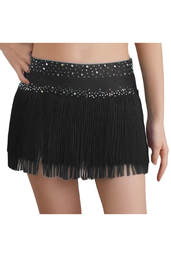 Kids Girls Sparkly Tassel Fringe Briefs Skirts Ballroom Modern Salsa Samba Rumba Tango Jazz Latin Dance Skirts Black 16